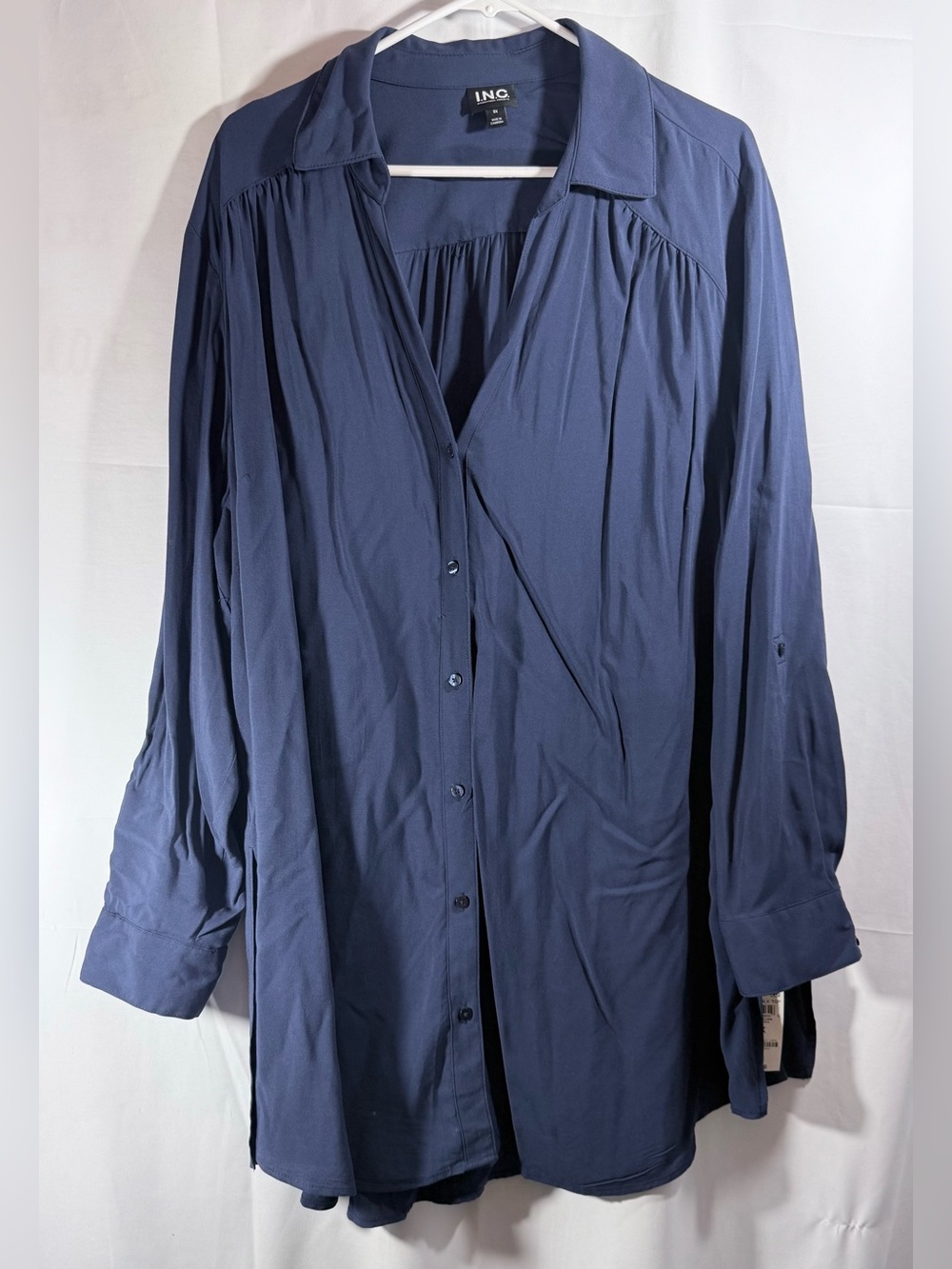 INC International Concepts Navy Button-Up Roll Tab Sleeve Blouse Size 3X NWT